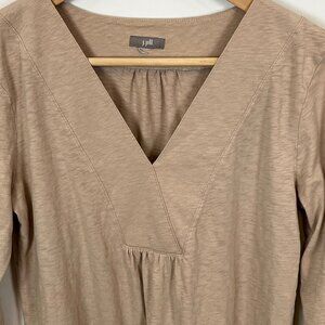 J. Jill Pull-over 100% Cotton Tunic V-neck Roll Tab Sleeve Beige Top Size Small